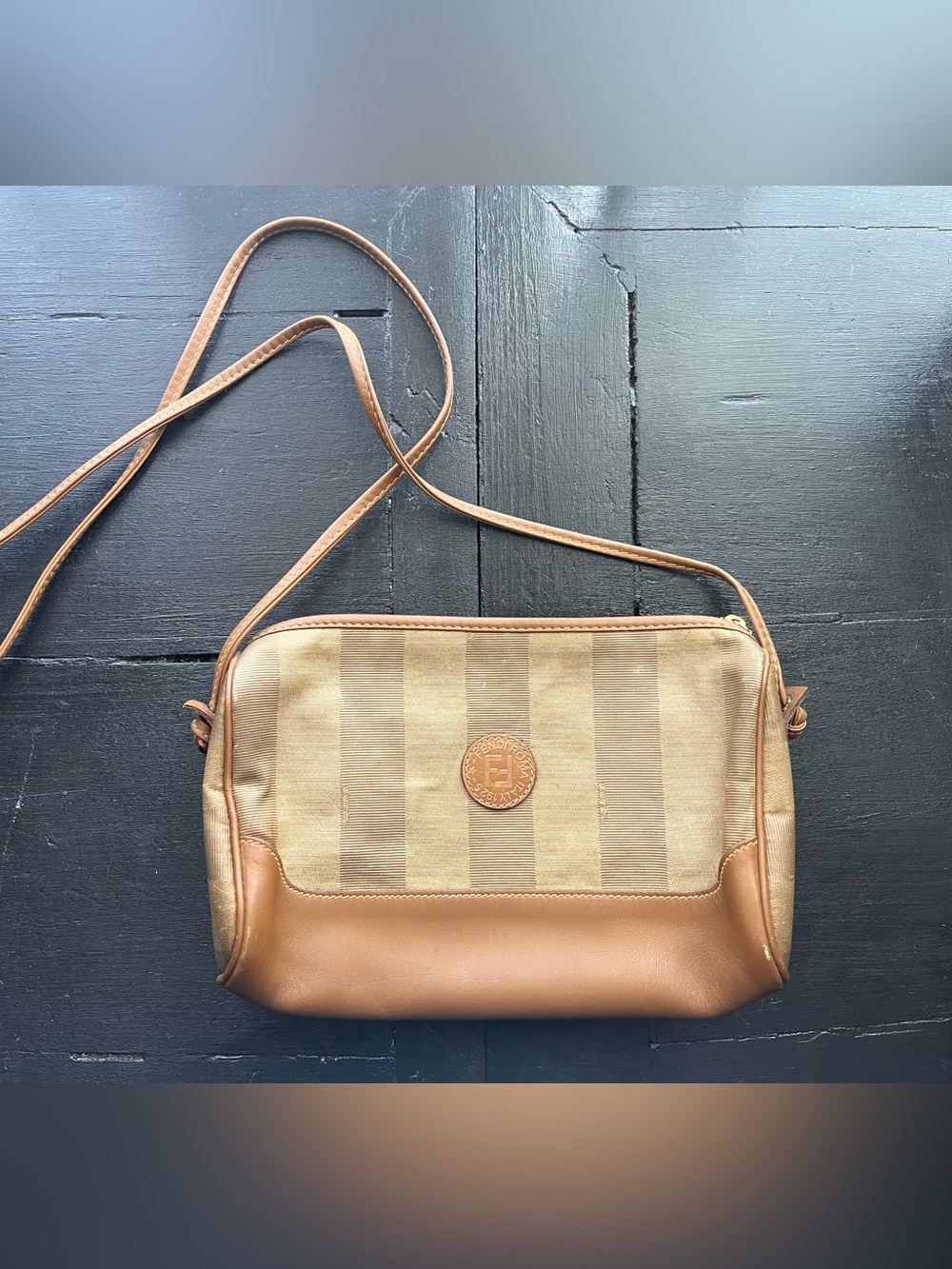 Vintage Fendi Pecan Crossbody Bag with Leather Trim